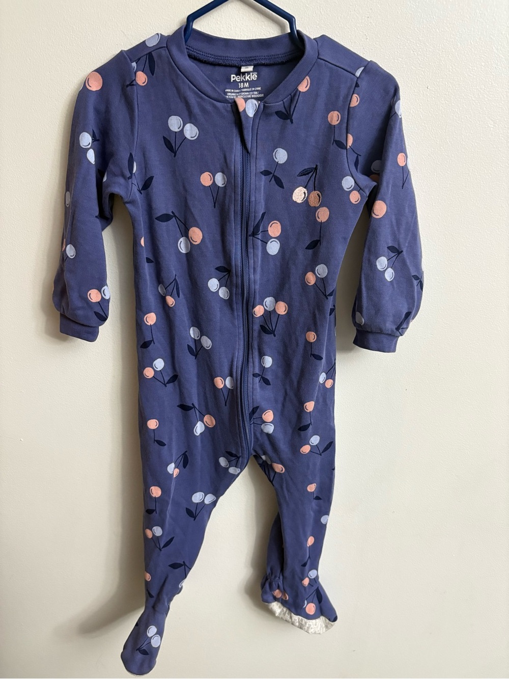 Pekkle Navy Cherry-Print Footed pajamas 18 months